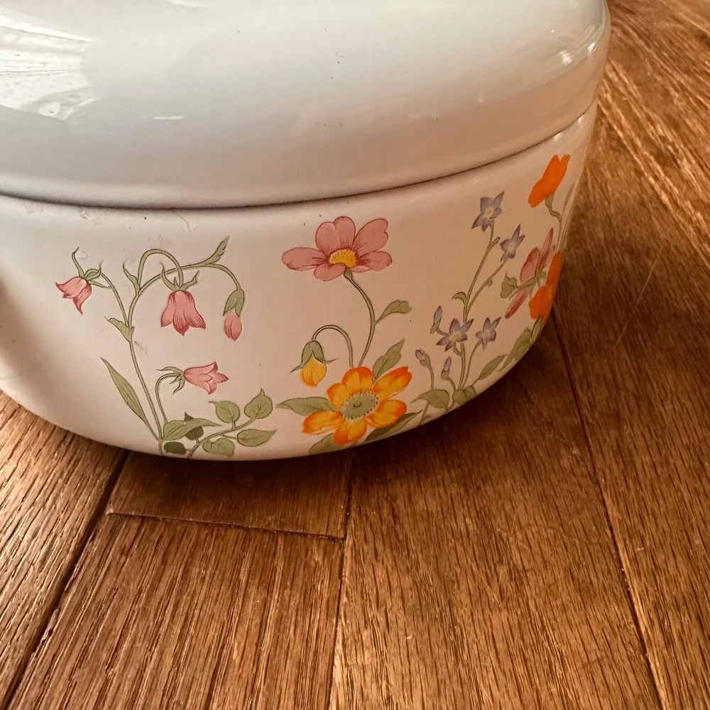 Vintage Enamel Floral Saucepan Unisex 7in Wood Handle White Orange 1970s Kitchen